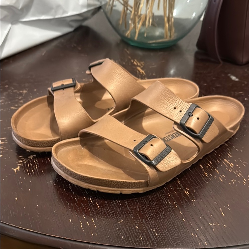 Birkenstock Tan Sandals with Black Buckles
